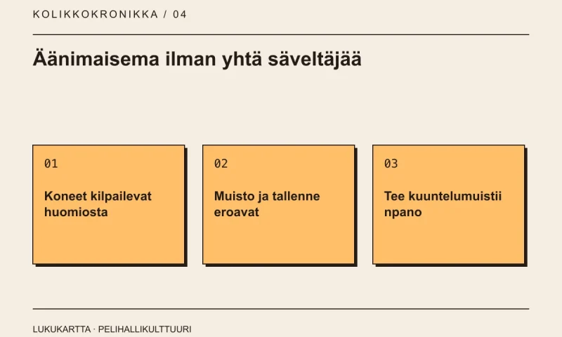 Lukukartta: Äänimaisema ilman yhtä säveltäjää. Koneet kilpailevat huomiosta, Muisto ja tallenne eroavat, Tee kuuntelumuistiinpano.