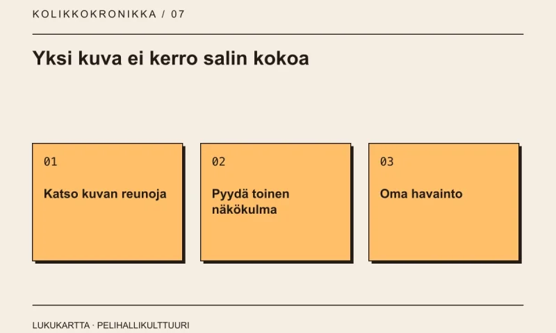 Lukukartta: Yksi kuva ei kerro salin kokoa. Katso kuvan reunoja, Pyydä toinen näkökulma, Oma havainto.