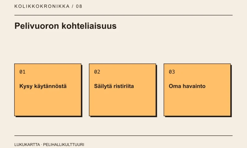 Lukukartta: Pelivuoron kohteliaisuus. Kysy käytännöstä, Säilytä ristiriita, Oma havainto.
